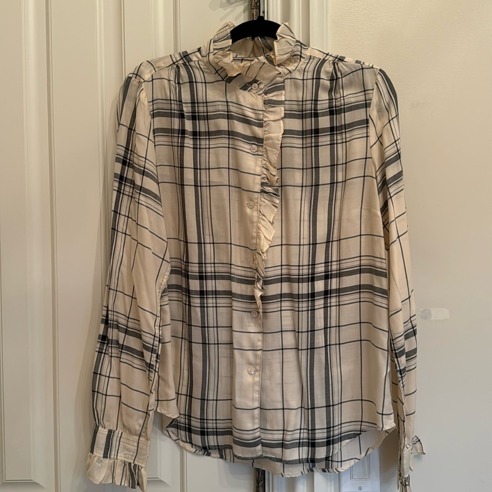 Frame, Black and Beige Ruffled Blouse